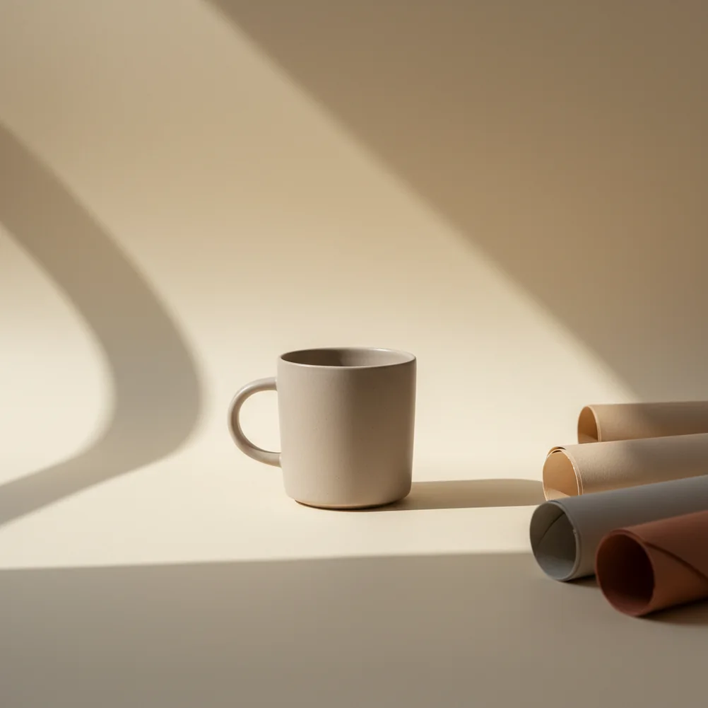 Simple tabletop product setup with interchangeable paper backdrops and soft window light.