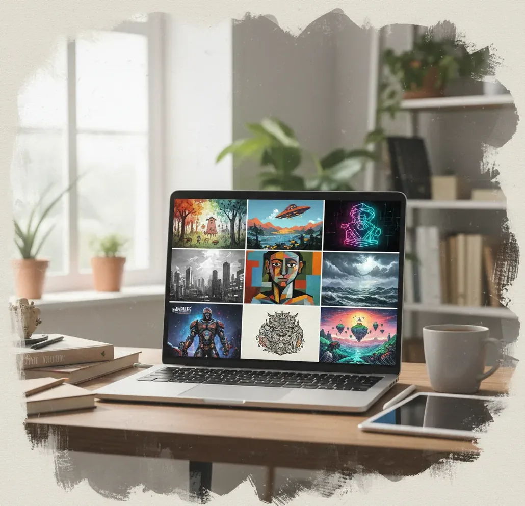 AI-generated collage of varied styles showing prompt-to-image results on a clean desk setup