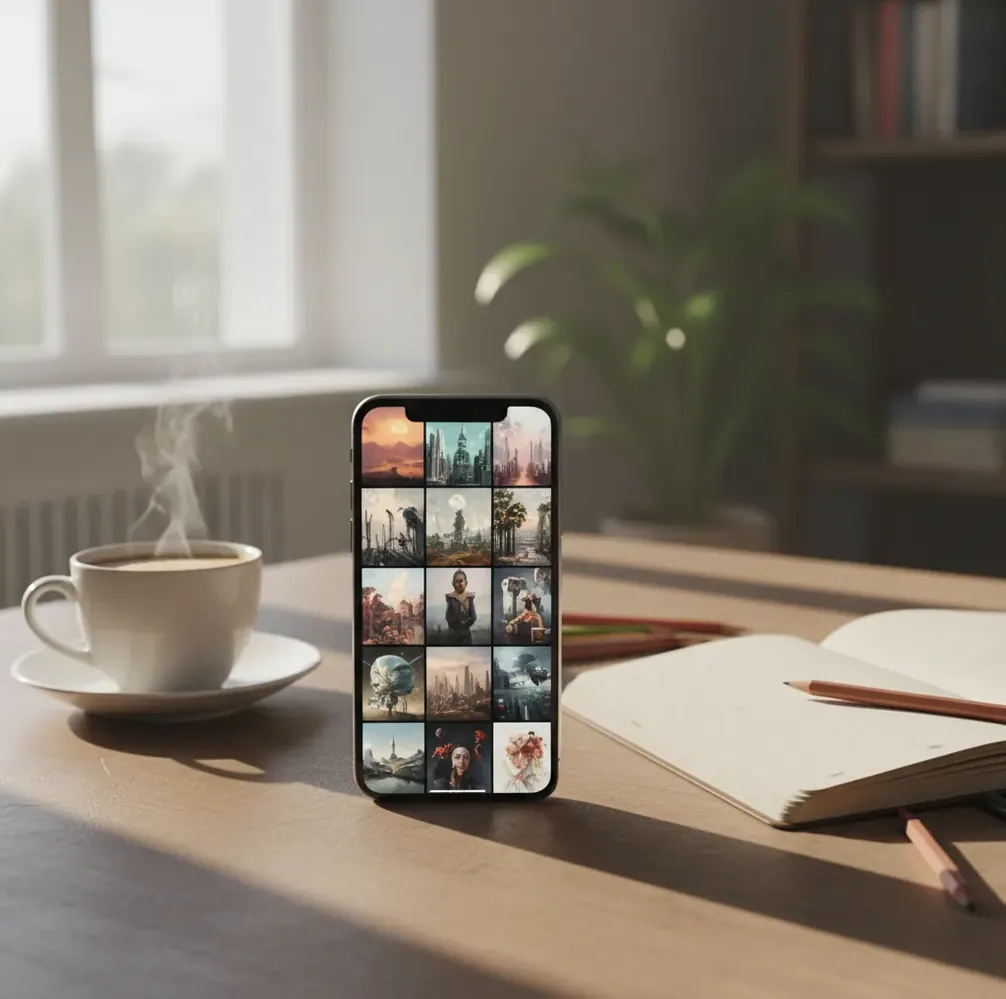 An iPhone on a desk showing an AI art grid beside a notebook and soft window light