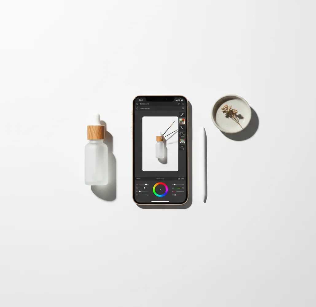 Hand holding a small product photo cutout placed onto a clean white background