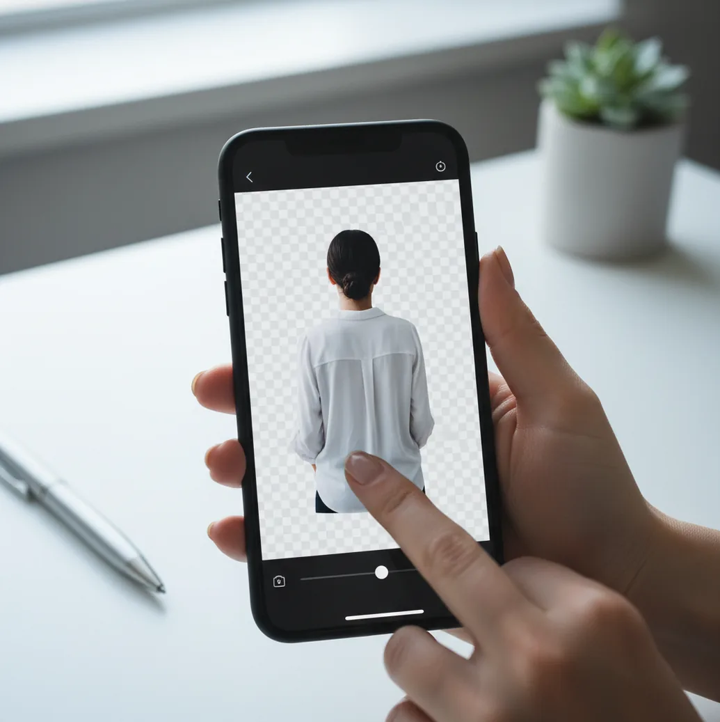Hand holding a phone while a subject is cleanly cut out from a messy room background