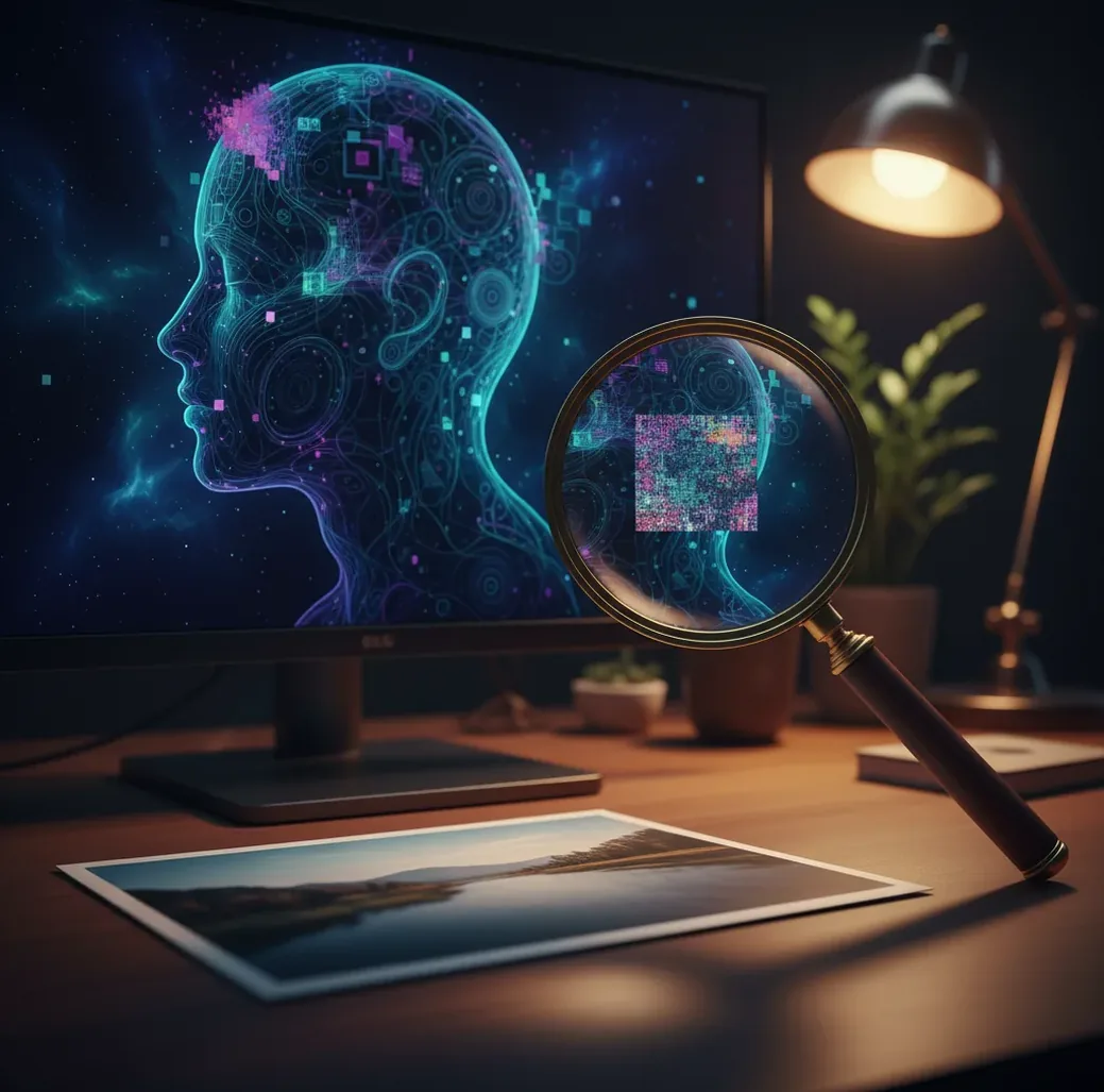 Magnified photo texture beside synthetic image artifacts on a desk under neutral light