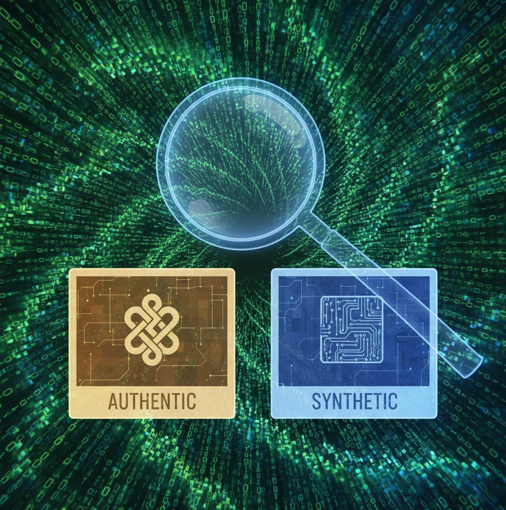 Split-screen illustration of real photo versus AI-generated face with subtle artifact highlights