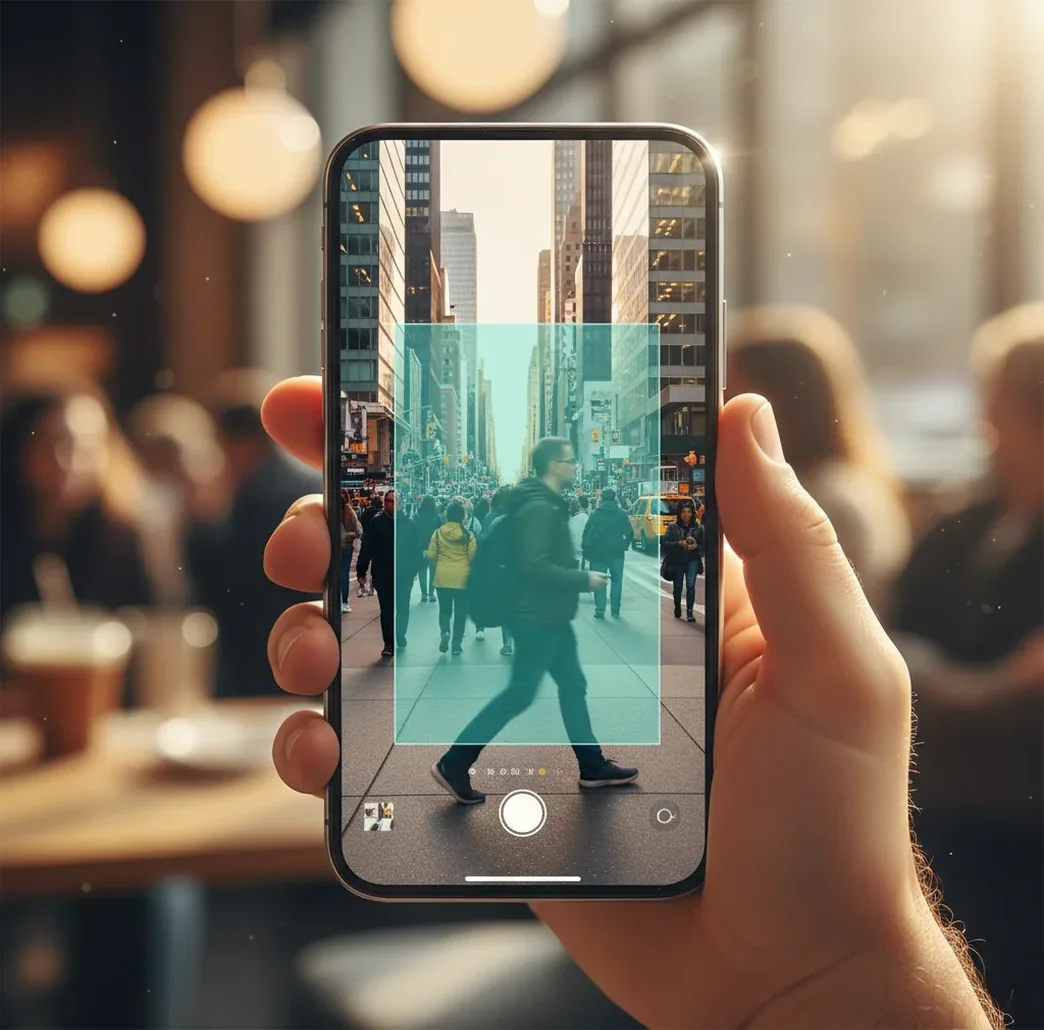 Phone editing a crowded street photo while a blurred silhouette disappears in the background