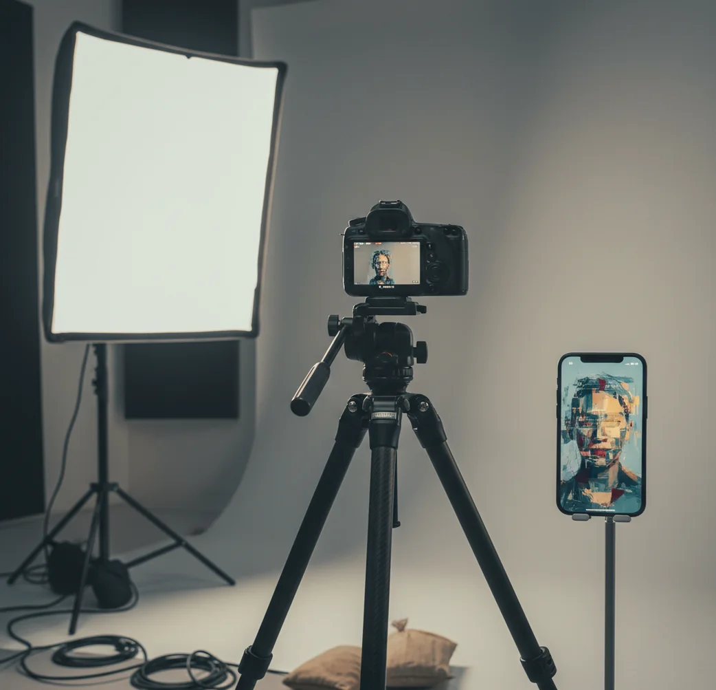 Hands adjusting studio light next to a phone showing an AI-edited portrait preview