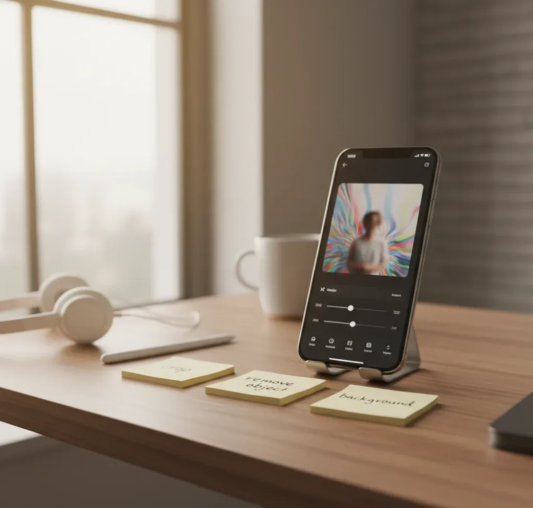 Phone on desk showing a photo edit attempt, with notes about what worked and failed