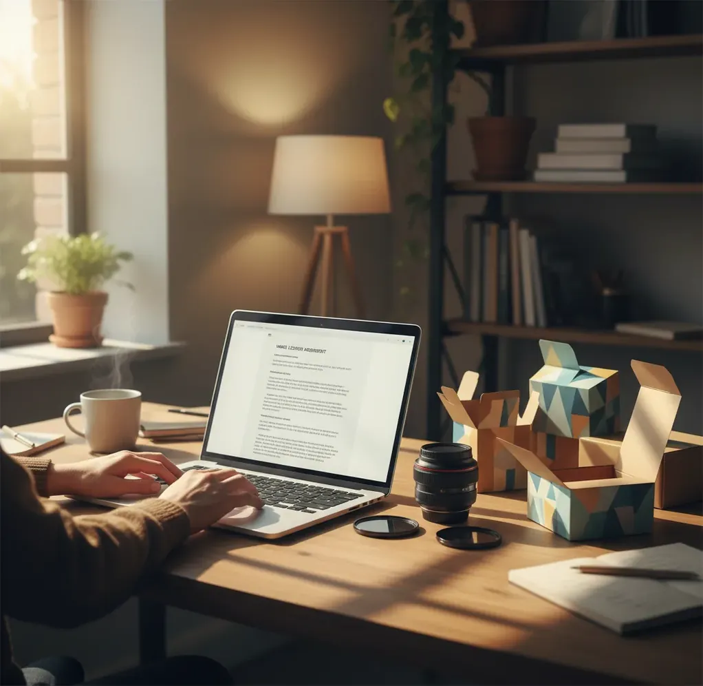 A designer reviewing AI image licenses on a laptop beside product packaging mockups.