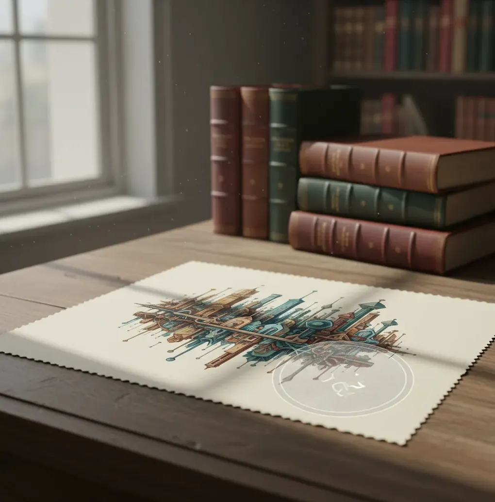 Close-up of a printed AI-style illustration with a faint watermark stamp on a desk