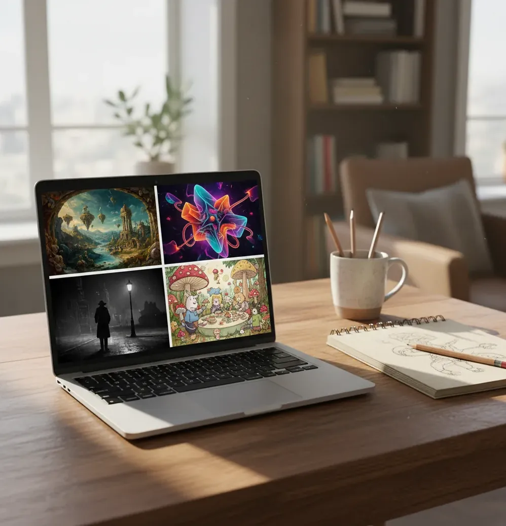 Laptop showing multiple AI image outputs side by side on a desk with sketchbook