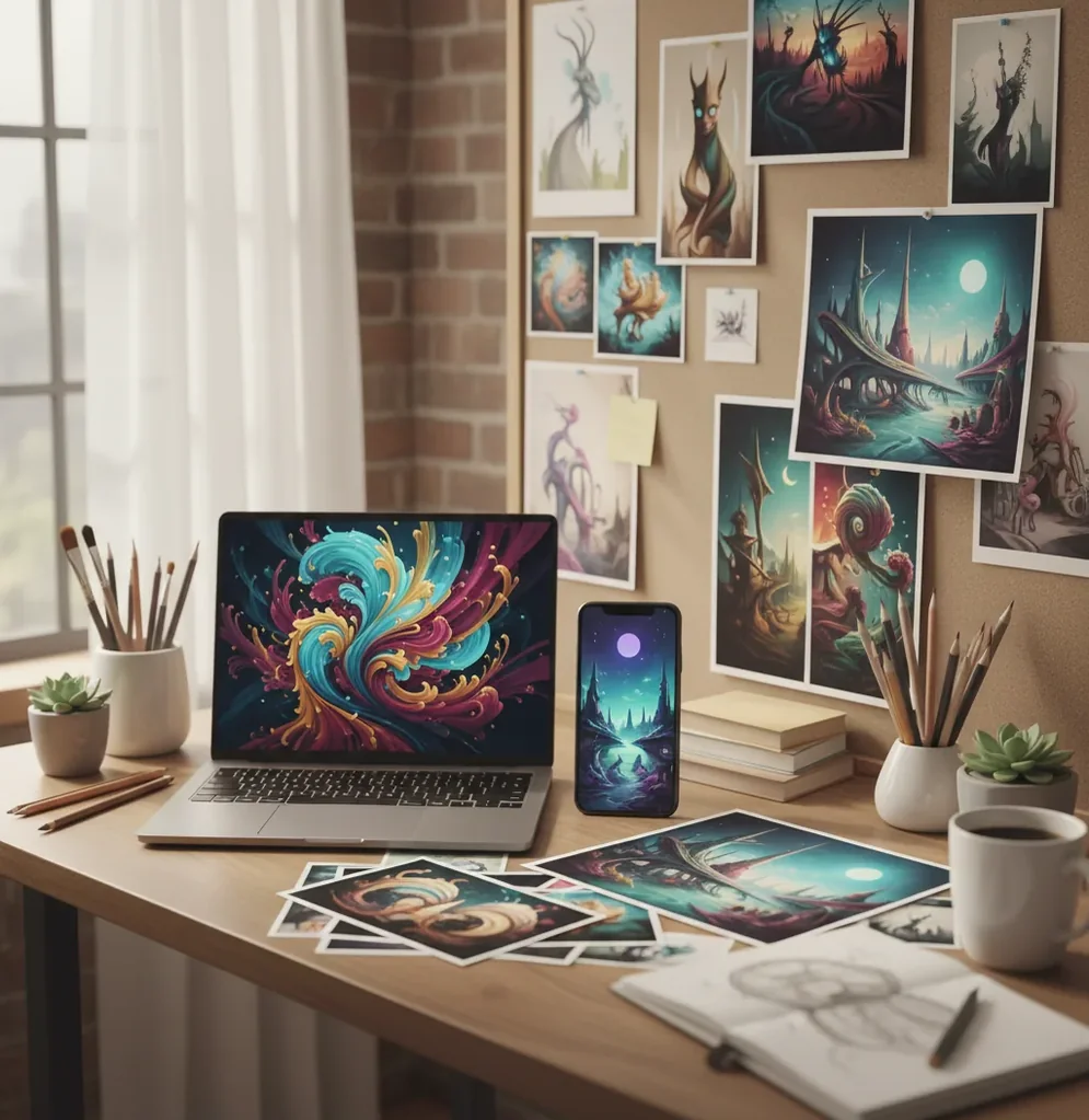 Five AI art tools compared on a desk with a laptop, phone, and printed test images