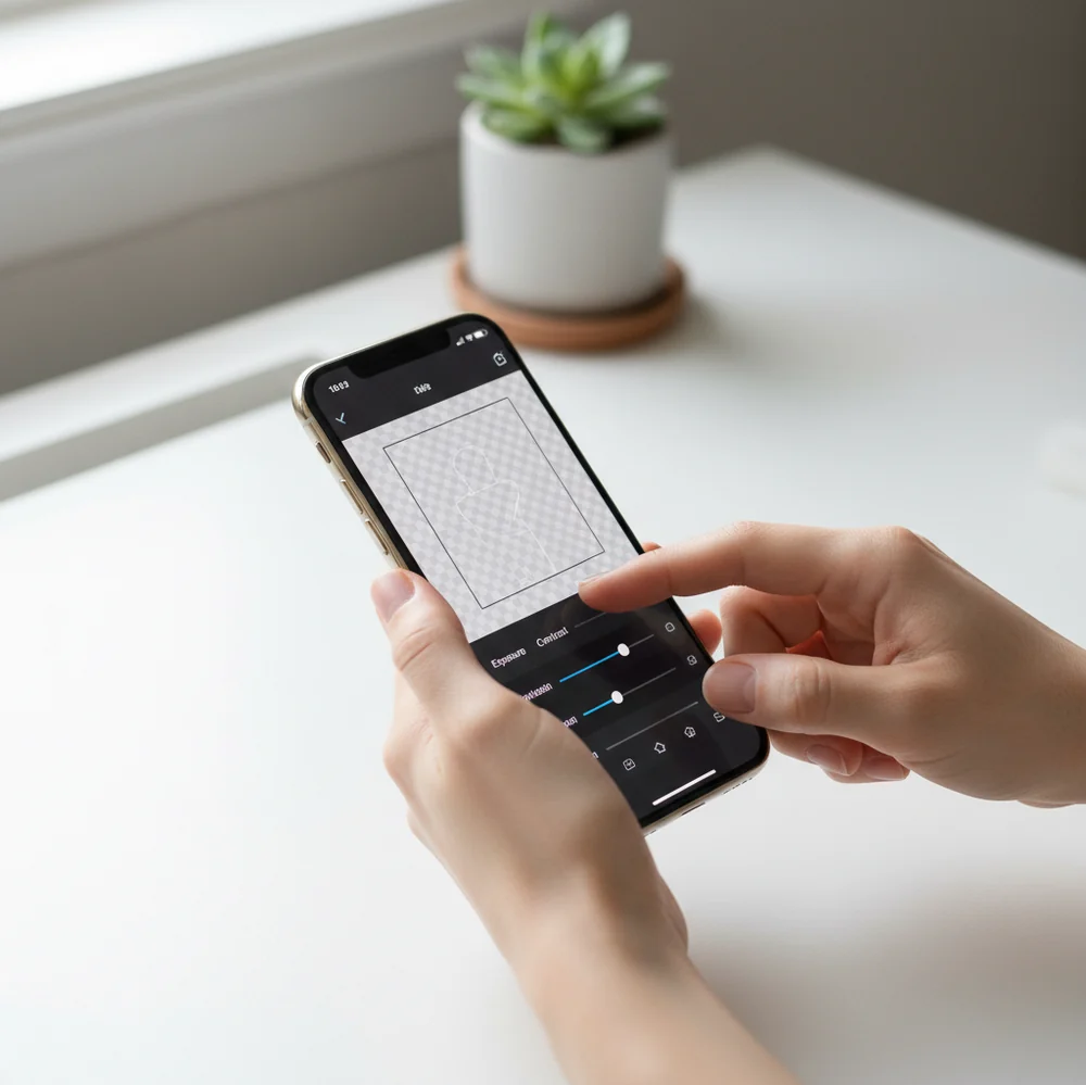 Person editing an iPhone photo with quick AI cleanup and background removal controls