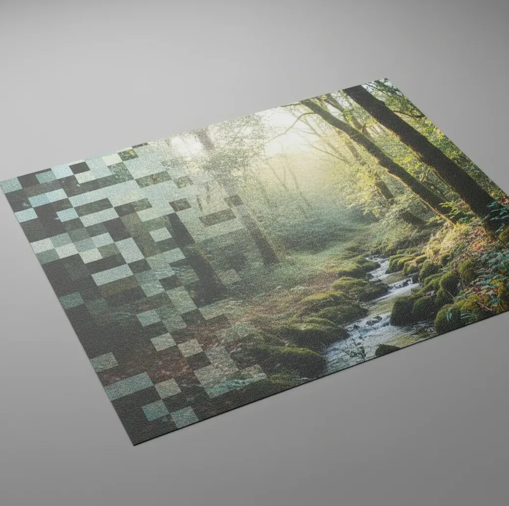 Close-up photo showing pixel grid transforming into sharper detail after AI upscaling