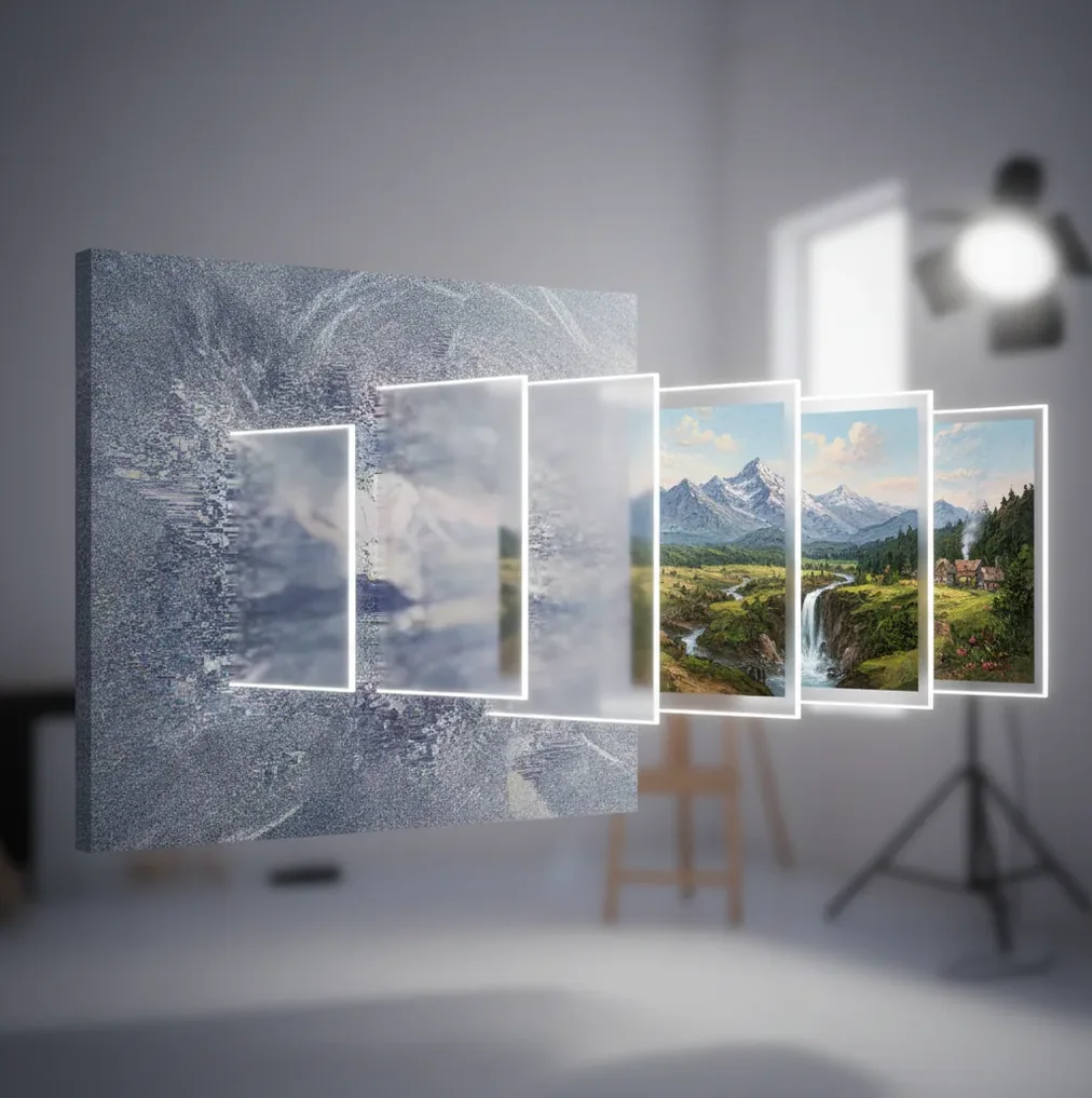 Abstract noise cloud resolving into a detailed image through staged denoising steps and light.