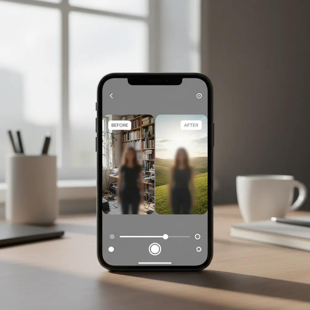 Phone photo edit showing a subject placed onto a new background with clean edges