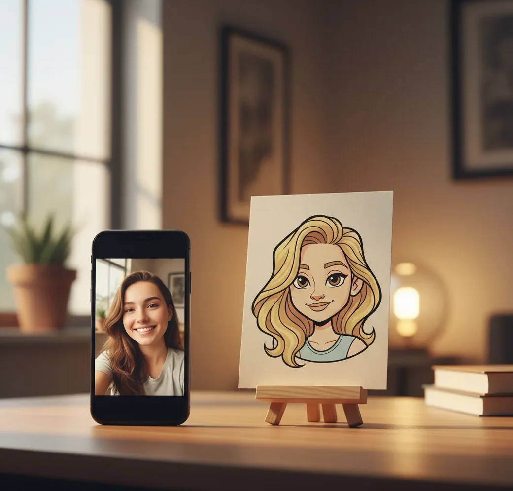 Selfie transformed into a clean cartoon portrait with bold lines and soft shading