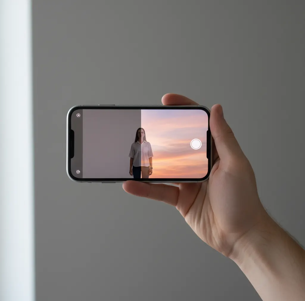 Hand holding an iPhone while a portrait background changes from room to sky.