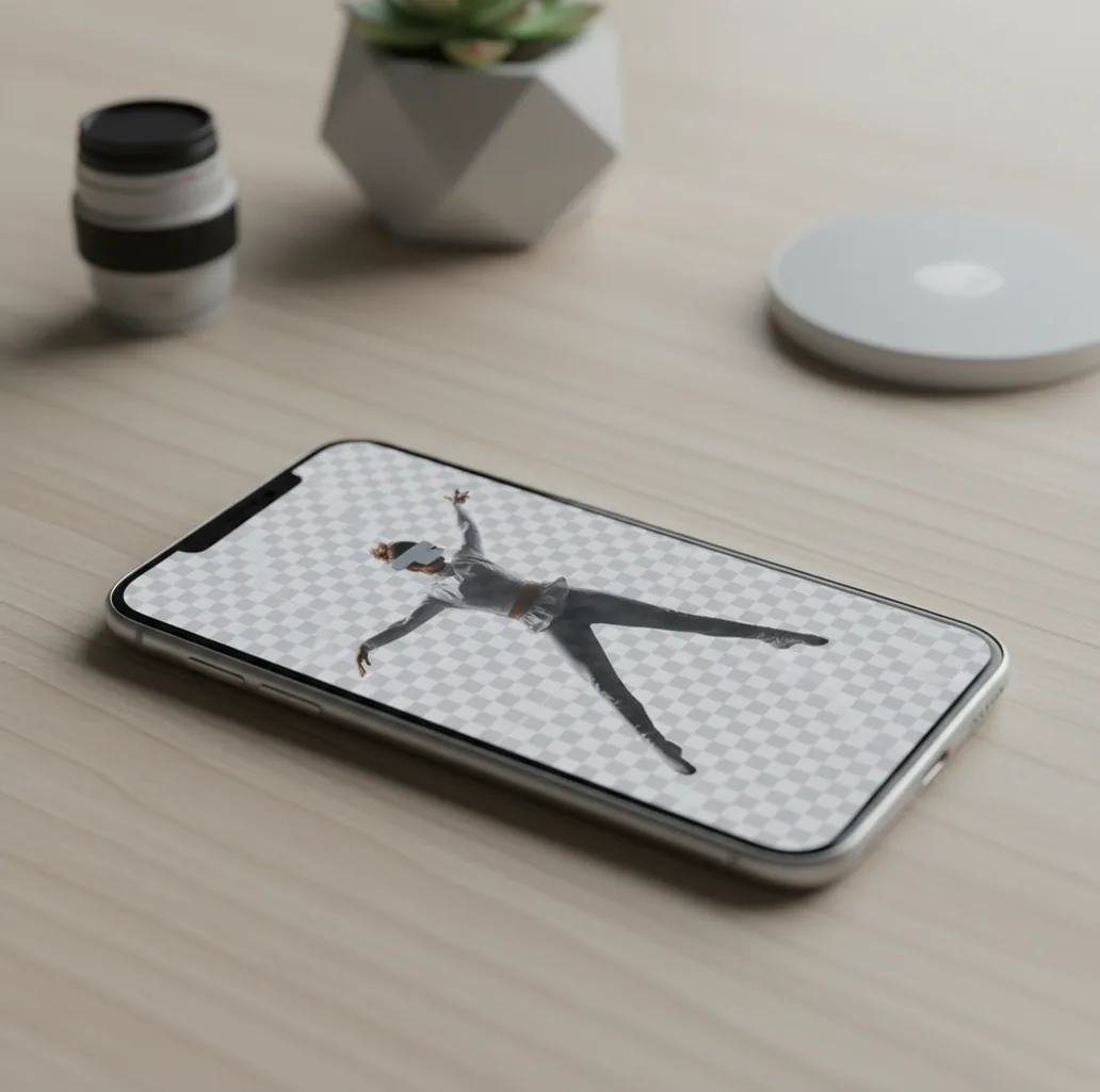 Hand holding a phone exporting a transparent PNG cutout on a checkerboard background