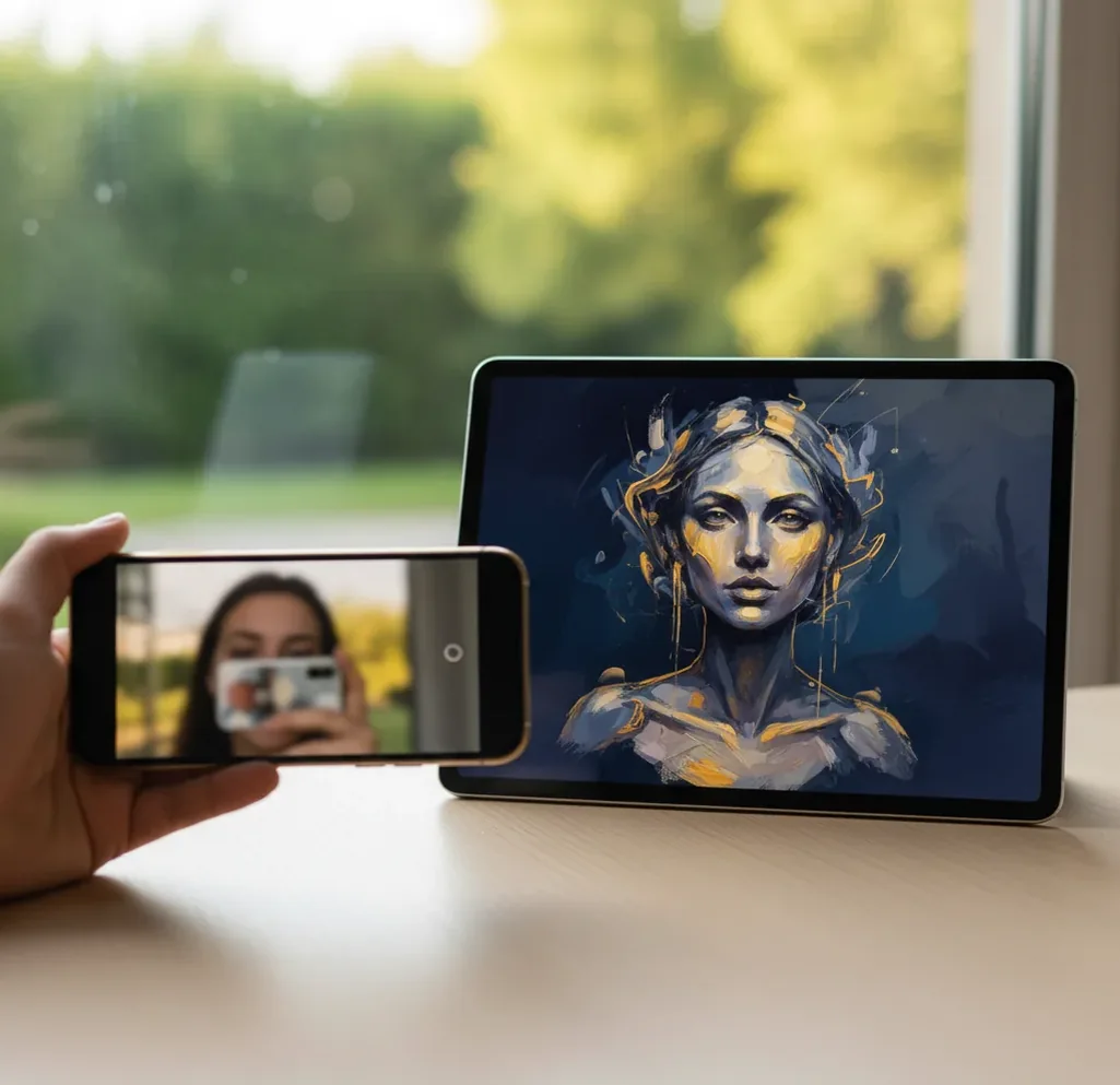 Phone selfie beside a stylized AI avatar portrait preview on a laptop screen.