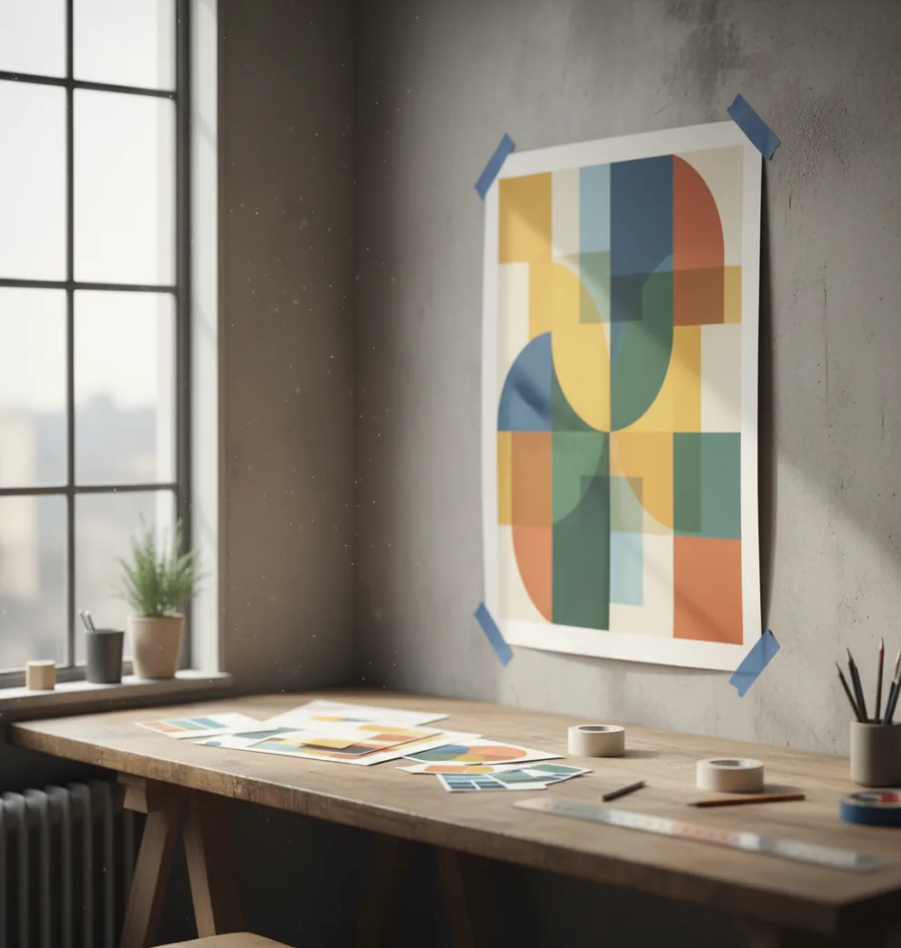 AI-generated poster mockup on a wall with clean margins, readable headline, and bold colors