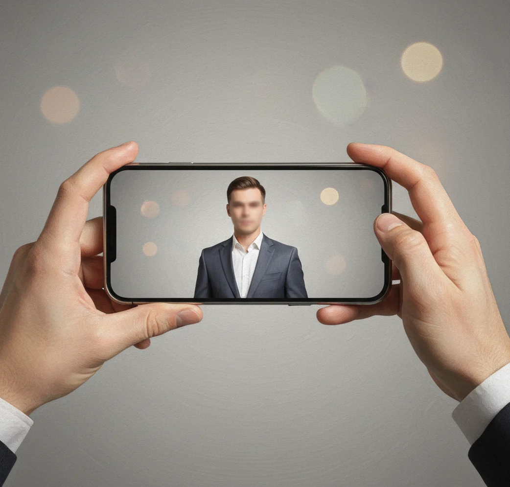 Clean, studio-style AI headshot preview on a phone screen with neutral background and sharp lighting