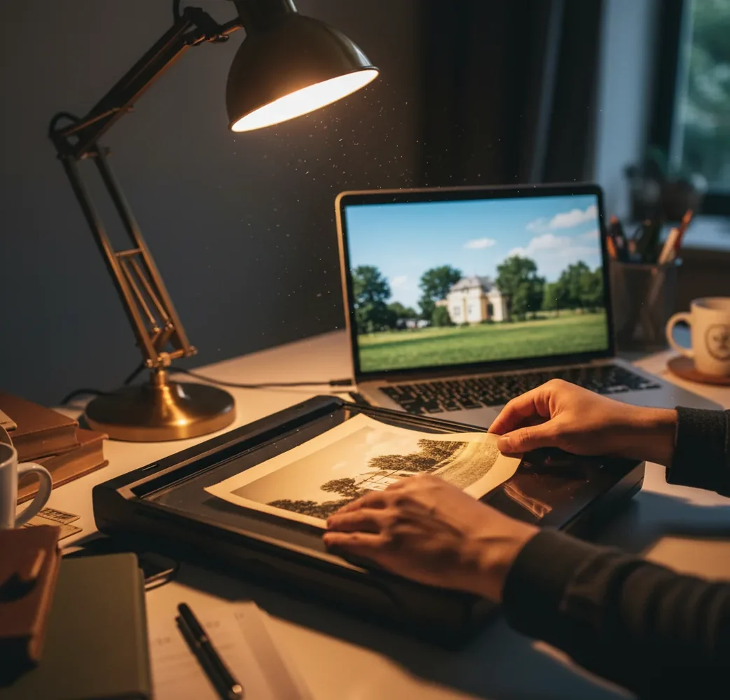 Hand holding a curled vintage photo being scanned and digitally cleaned on a laptop screen
