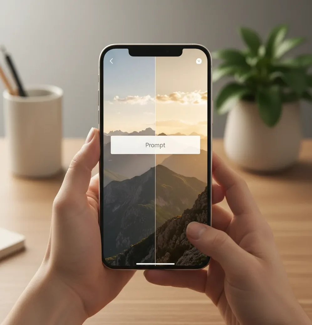 Phone editing a portrait with typed prompts changing lighting and background in real time