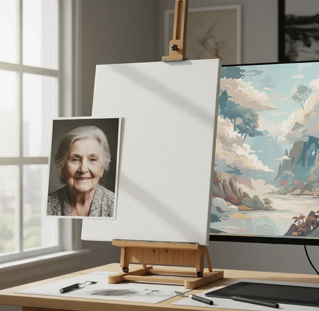 Photo being expanded outward with AI-generated background matching original lighting and texture