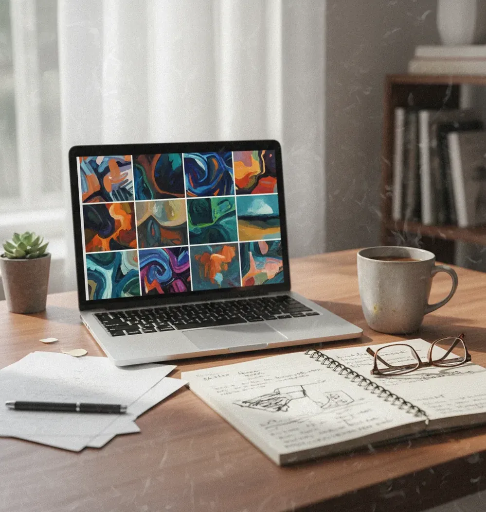 Beginner typing an AI art prompt on a laptop beside sketchbook and desk lamp