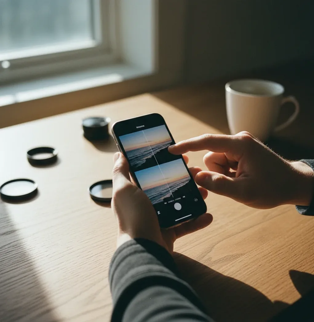 Hand holding an iPhone showing a portrait with soft film-style AI filter applied