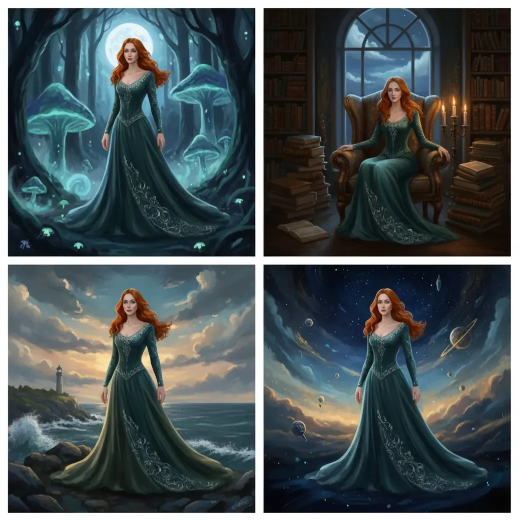 Same character shown in four scenes with matching face, hair, outfit, and lighting