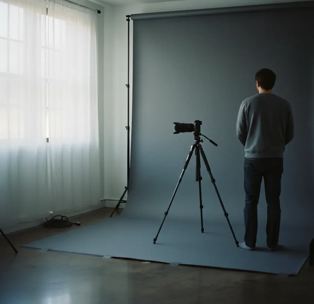 AI-style headshot setup with soft window light, neutral backdrop, and camera on tripod