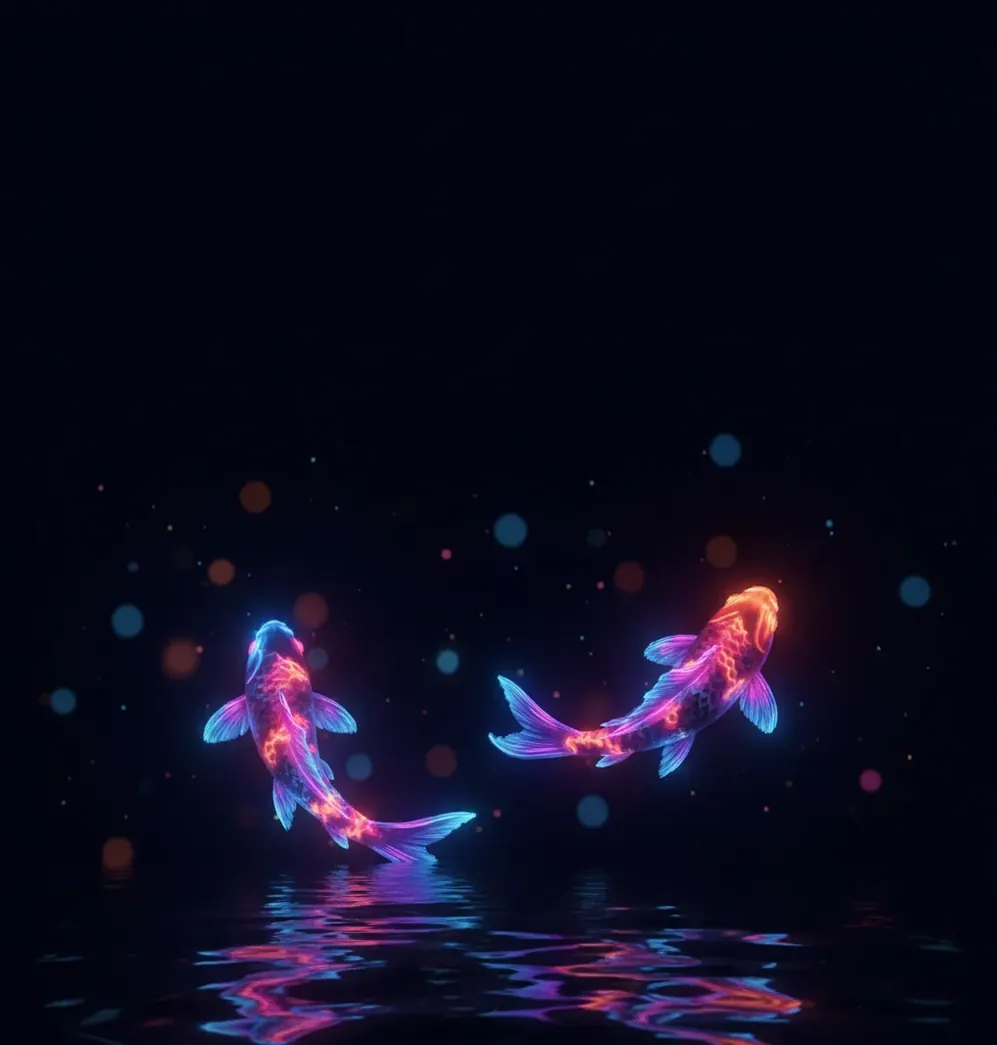 Abstract neon koi swimming behind iPhone-style clock space, soft depth, high detail