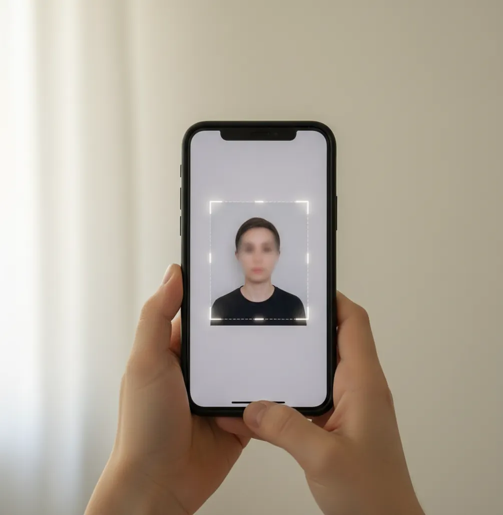 Phone-shot portrait being cropped to ID dimensions on a clean light background