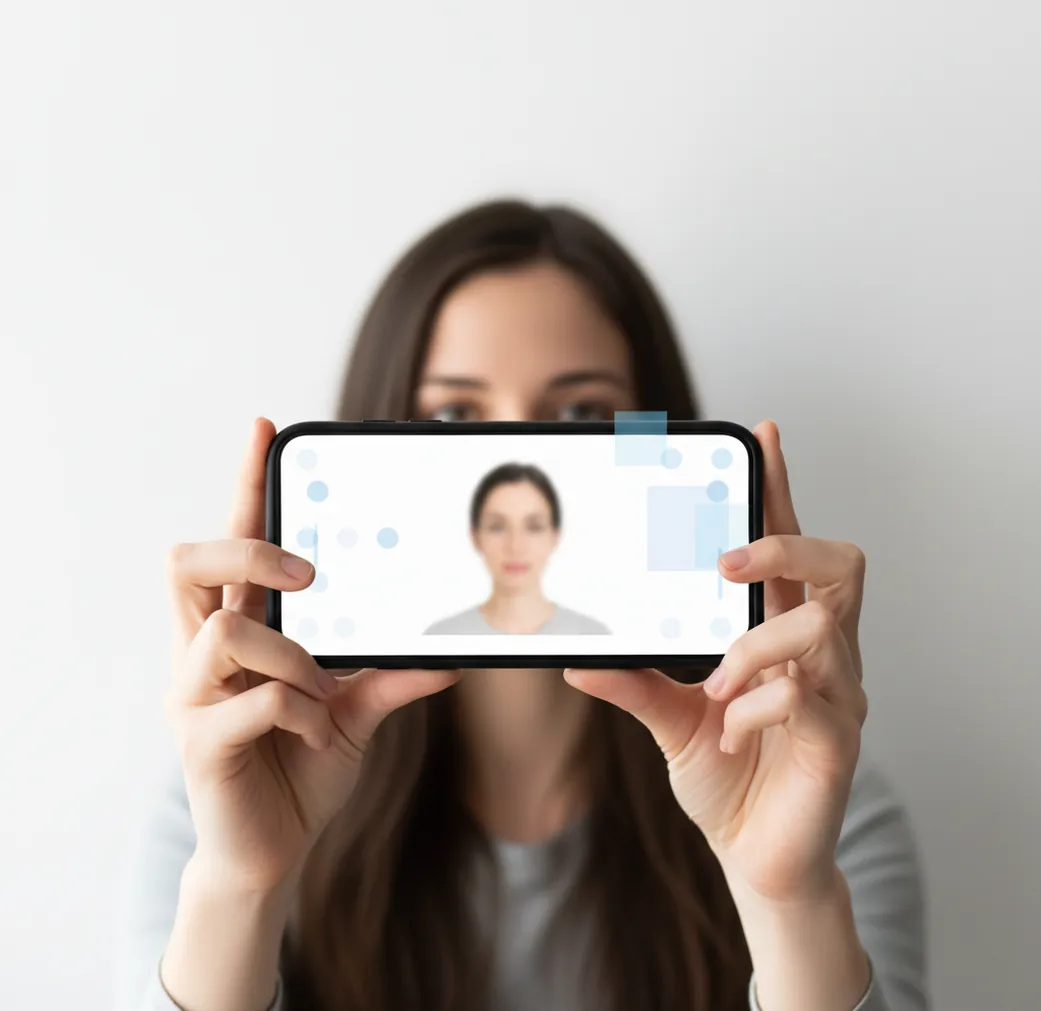 Phone-edited passport-style headshot with clean white background and natural skin tones