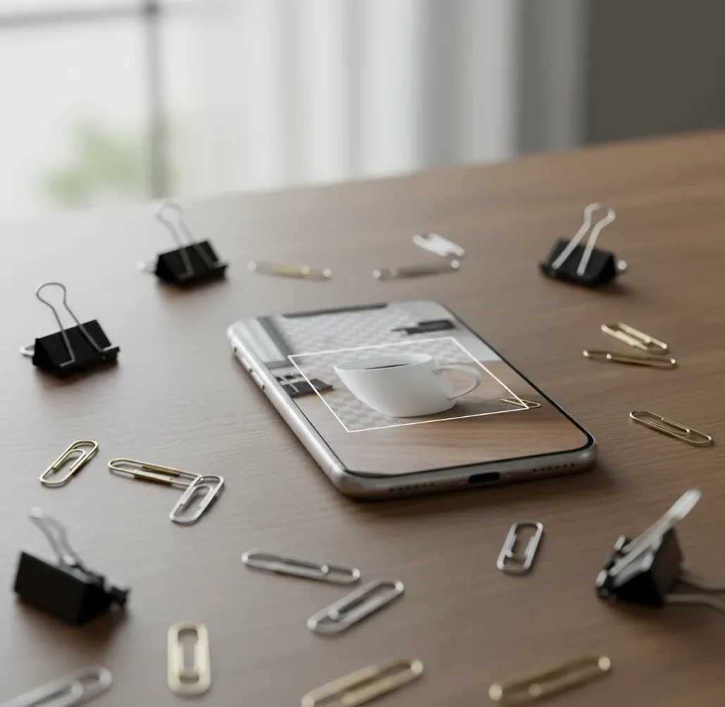 Hand holding a cutout product photo with a clean transparent checkerboard background preview