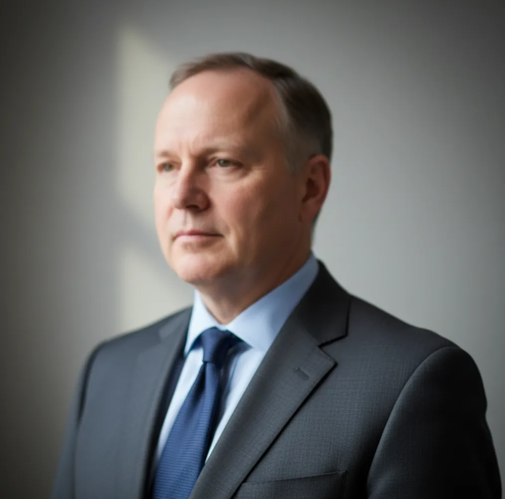 Clean LinkedIn-style headshot with soft gray background and natural window light falloff