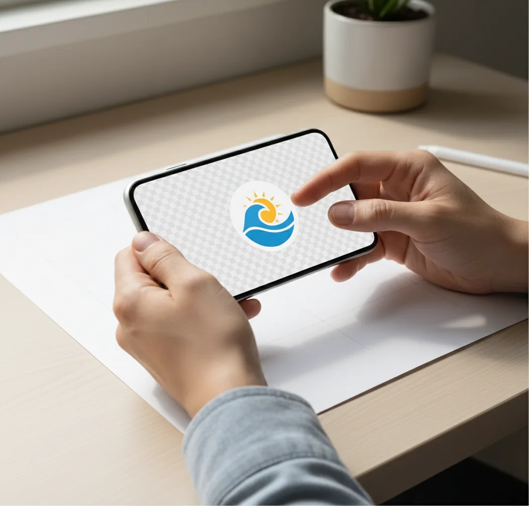 Phone editing a small logo to transparent PNG on a clean desk
