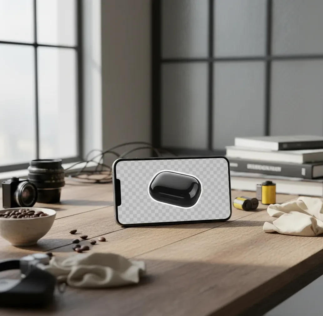 Hand holding phone showing a product photo with background removed to transparent PNG