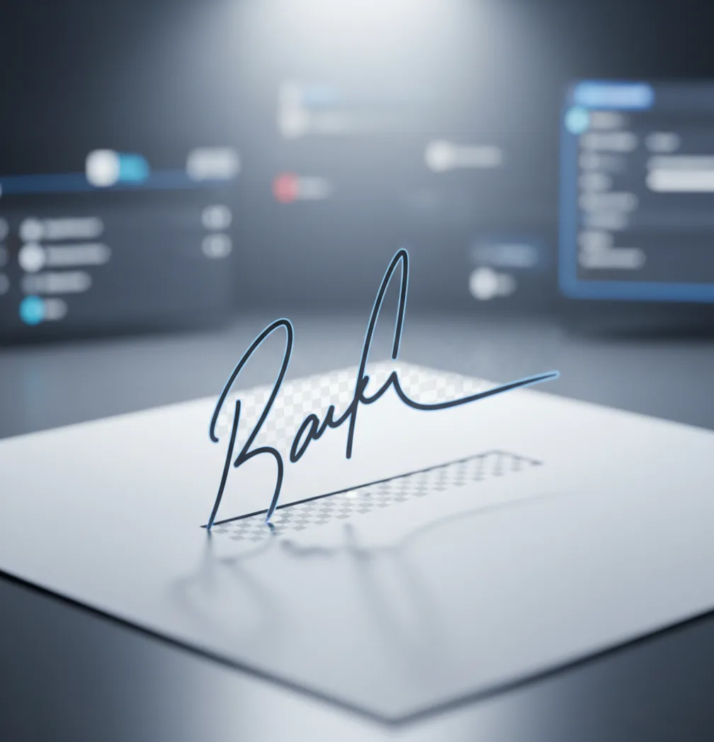 A handwritten signature isolated as a transparent PNG on a clean light workspace