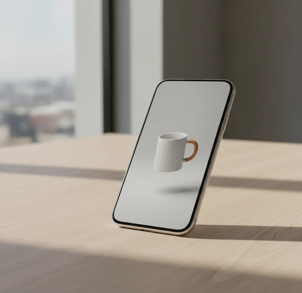 Hand holding a phone showing a clean cutout of a product on a plain background