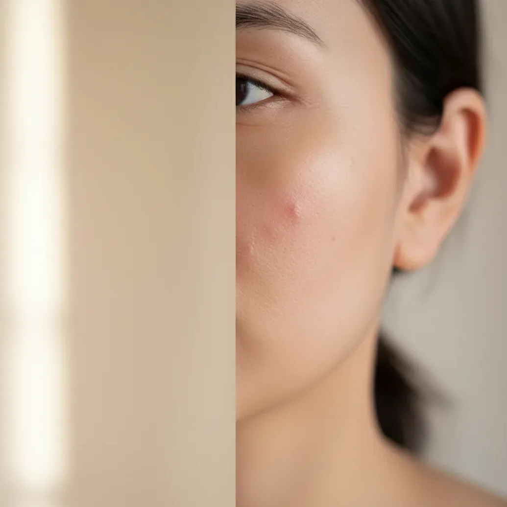 Close-up portrait retouch showing natural skin texture after acne spot removal