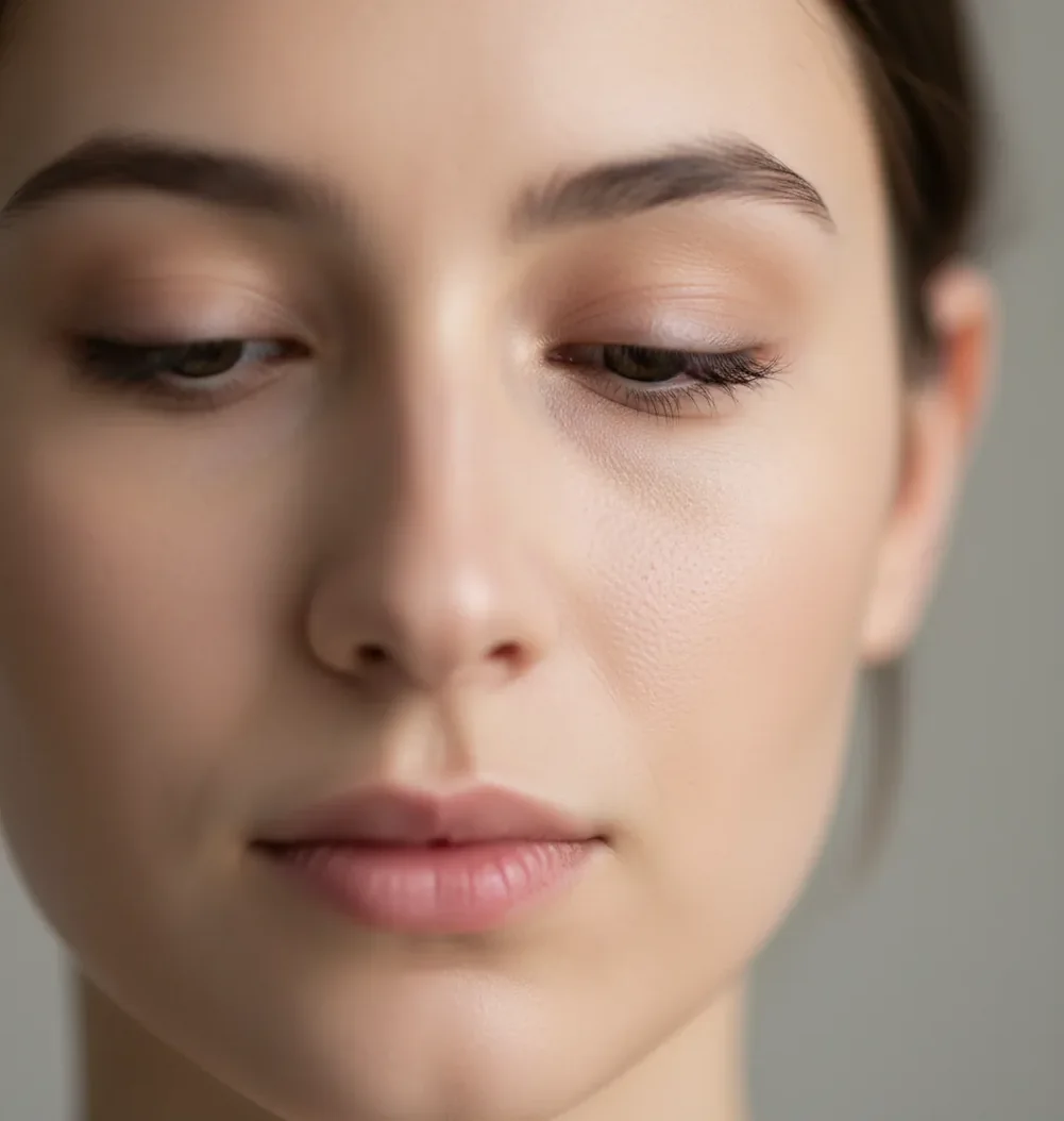 Side-by-side view of a blurred portrait and a sharpened version with natural-looking skin texture