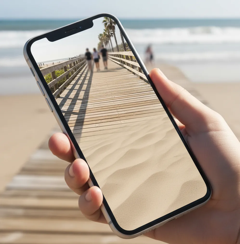 Hand holding phone while a crowd is removed from a travel photo cleanly