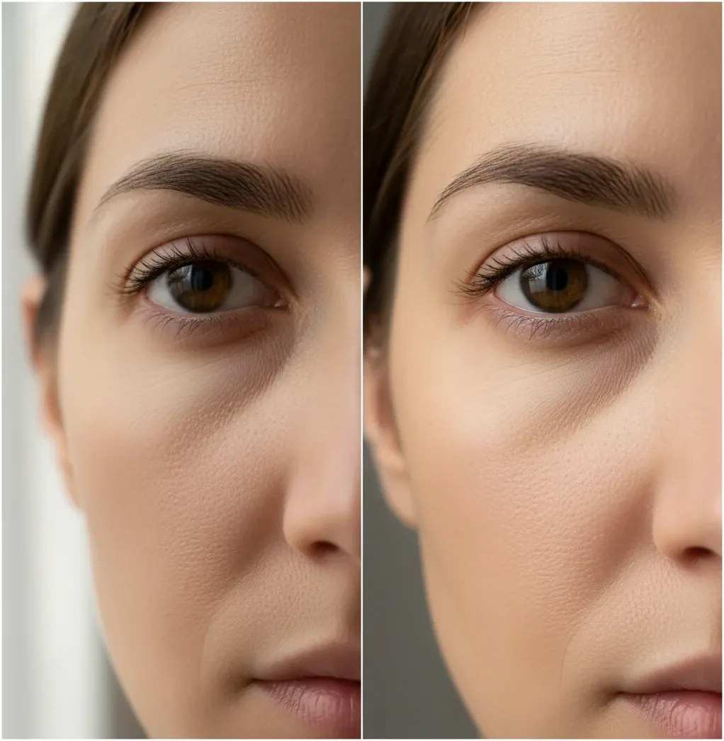 Close-up portrait crop showing gentle under-eye retouch with natural skin texture preserved.