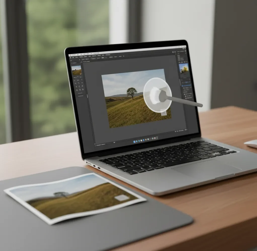 Before-and-after photo showing a logo watermark area smoothly filled with matching background texture