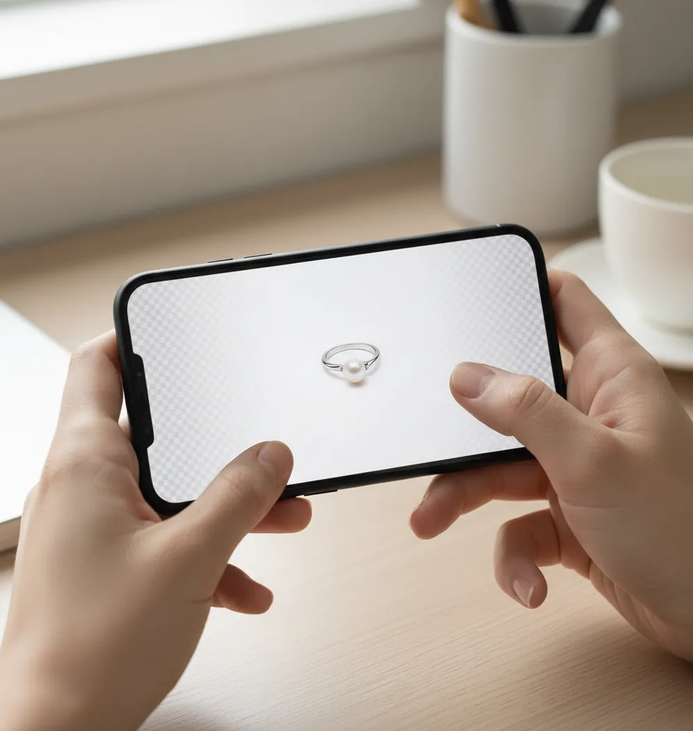 Hand holding a phone removing a white background from a product photo to transparency