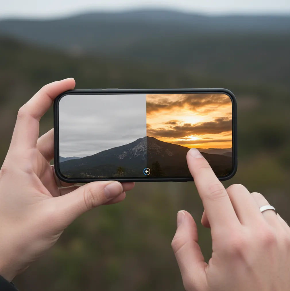 A phone editing a landscape photo, swapping a gray sky for golden sunset clouds.