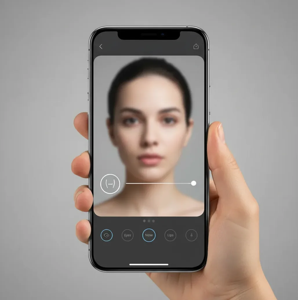 Side-by-side portrait crop showing subtle jawline and cheek refinement with clean background lines