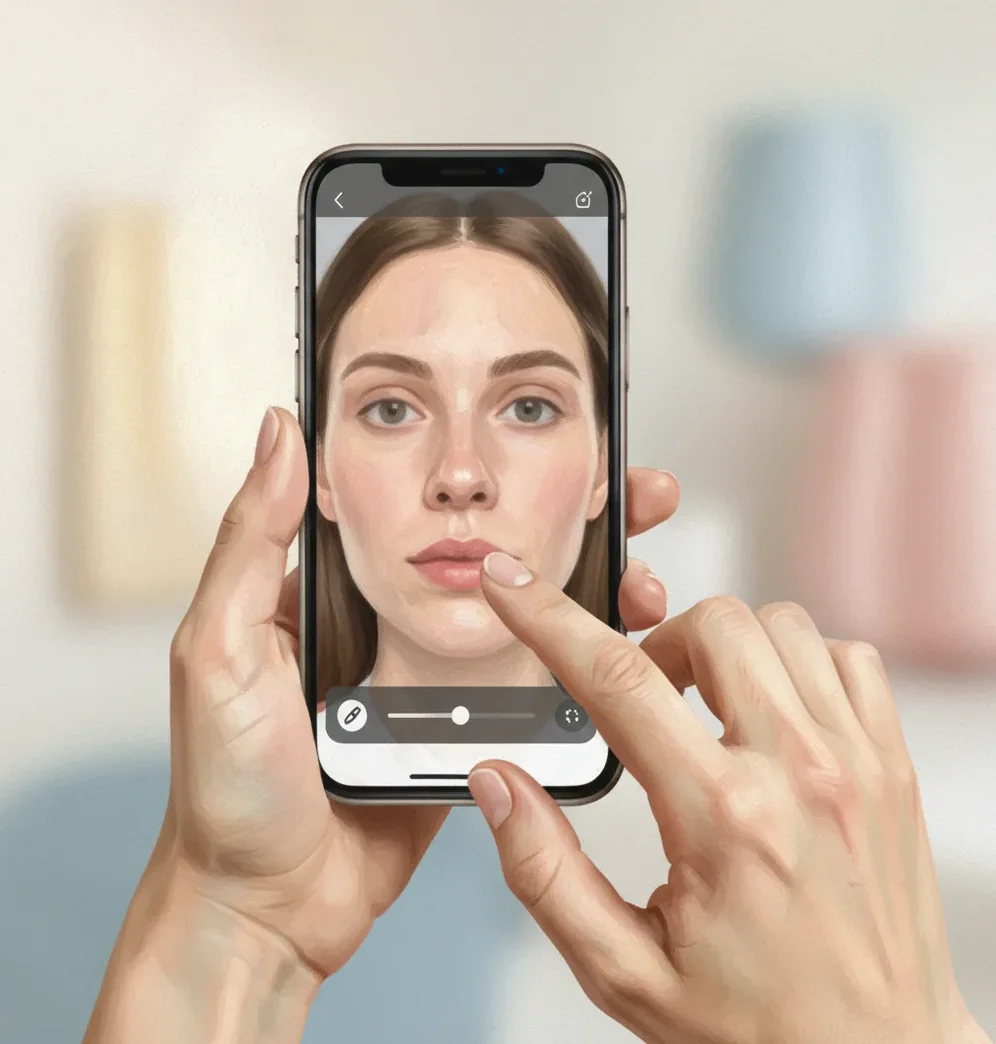 Close-up selfie crop with natural skin texture, softened shadows, and balanced highlights