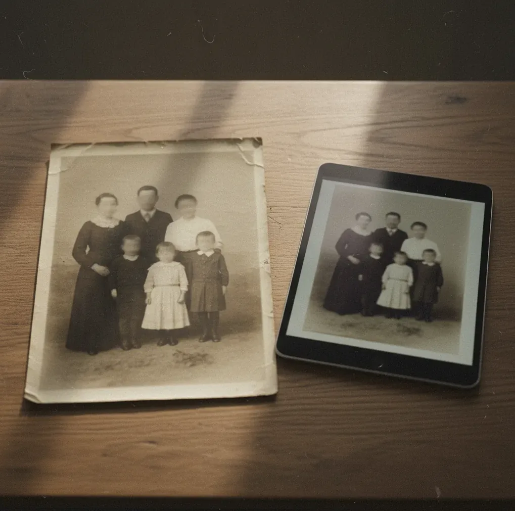 Restored vintage portrait print beside the original blurry scan under warm desk light